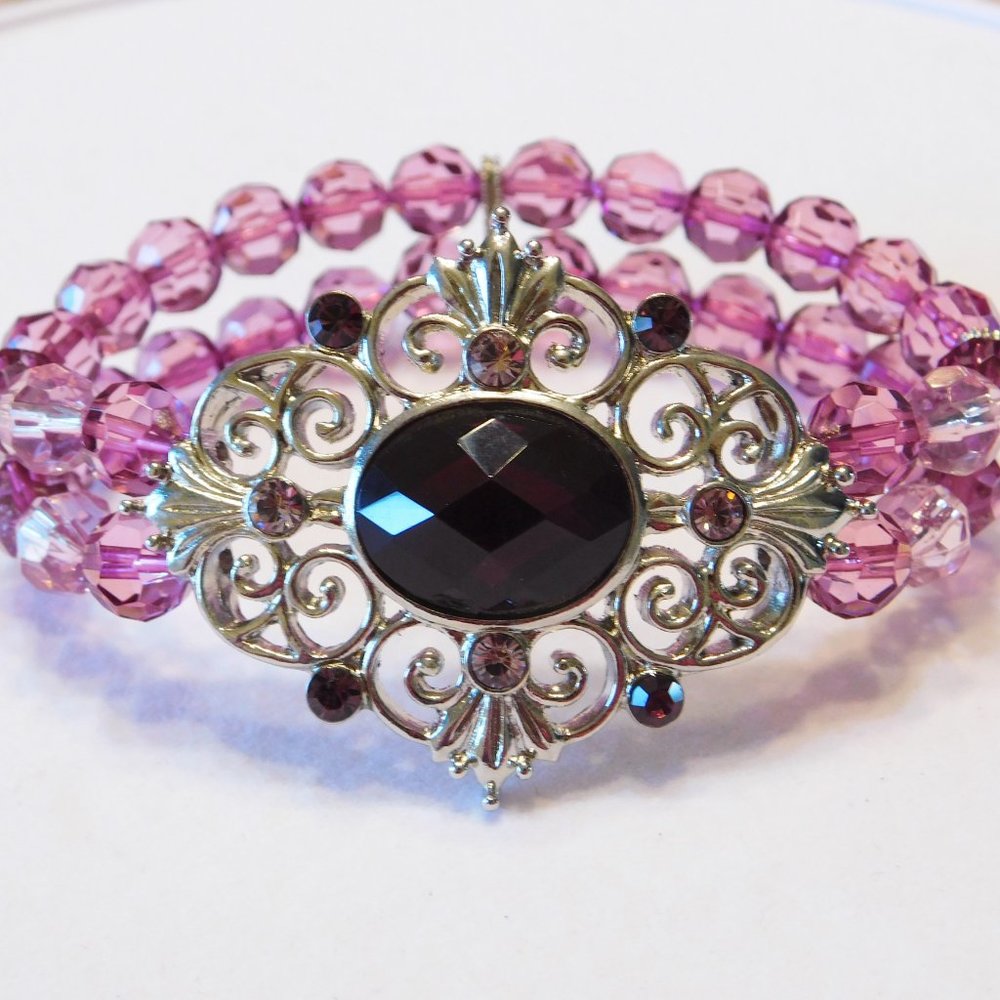 Purple Silver Tone Beaded Stretch Bracelet  -  7.5"  (NWOT)